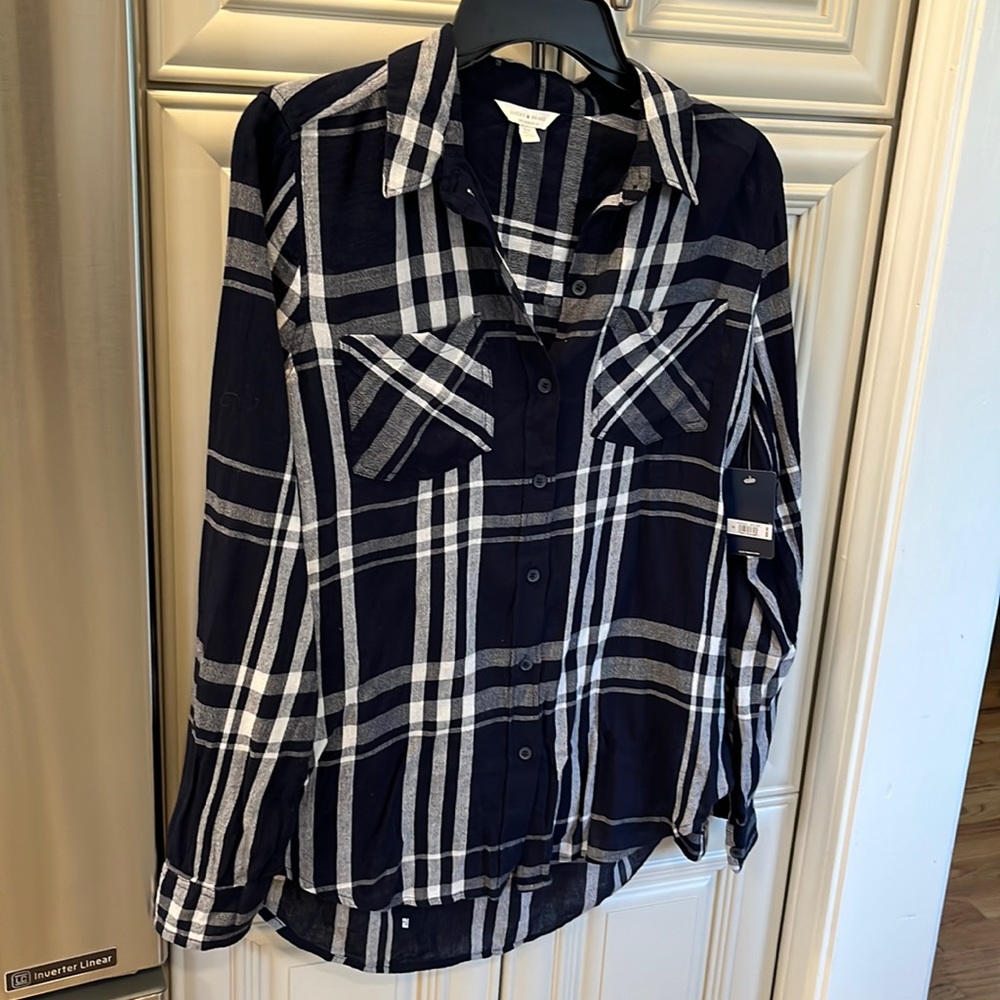NWT Lucky Brand checkered navy/white button down shirt SZ S/P